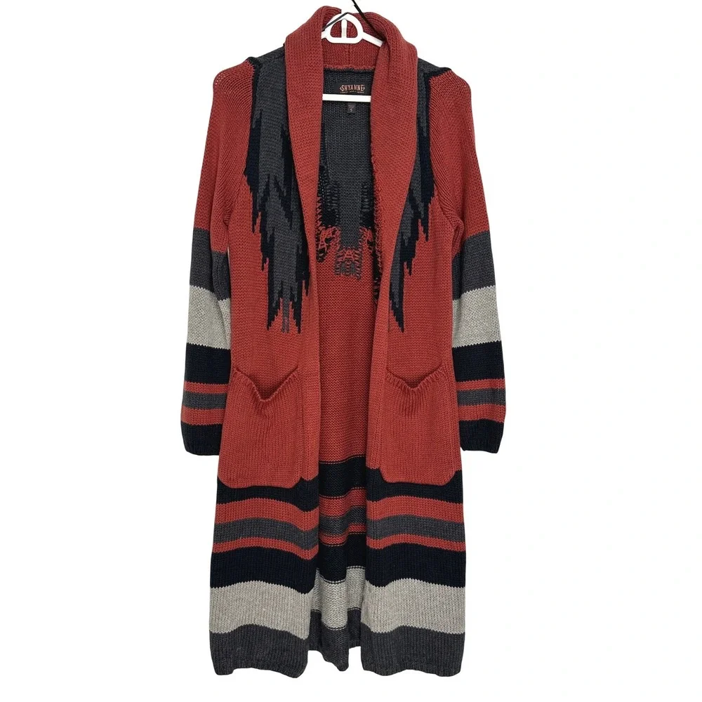 NWT Shyanne Southwestern‎ Striped Duster Cardigan Brown Black S